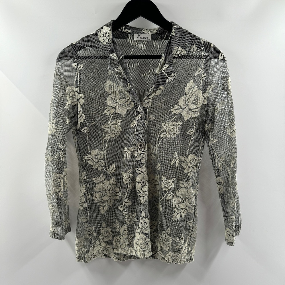 Ezen USA Sheer Mesh Floral Button Down – Long Sleeve, Size S/M